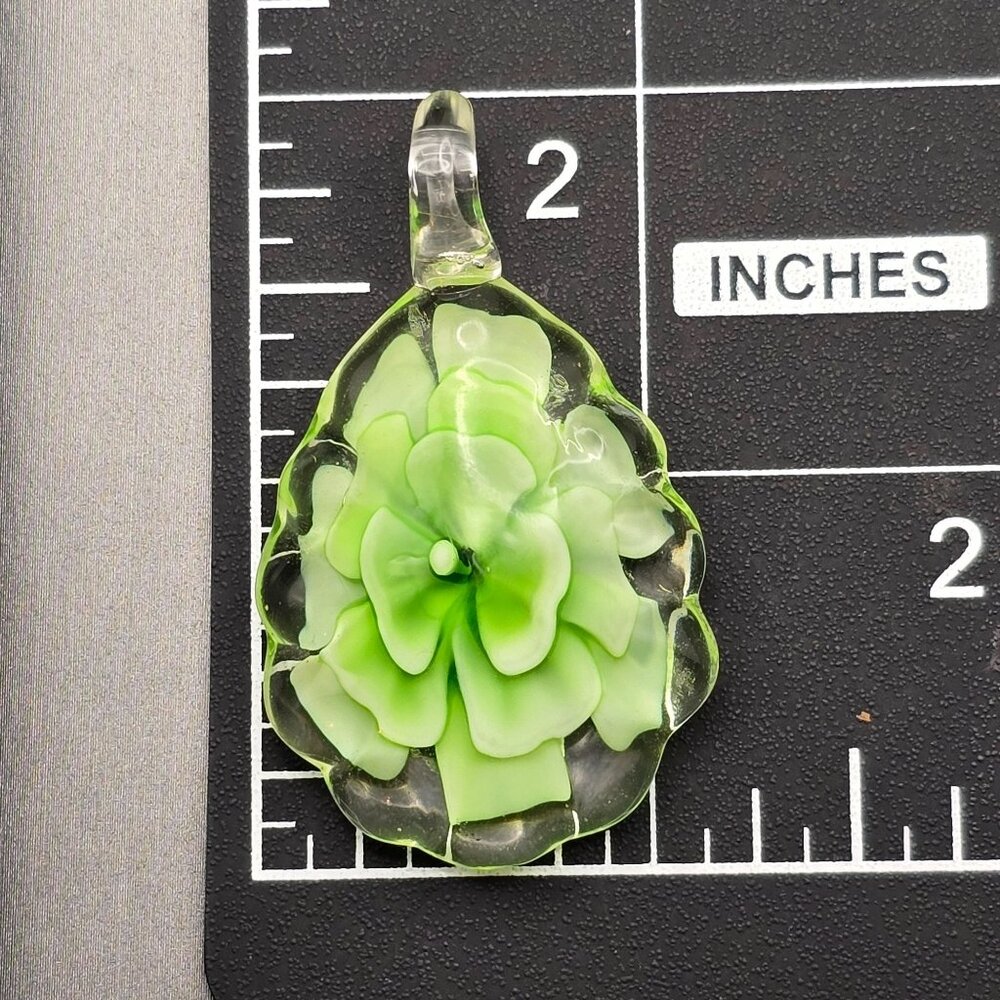 Artisan Glass Leaf Pendant 1.75x1.25" Green Floral Design Scalloped Edges - Picture 4 of 5